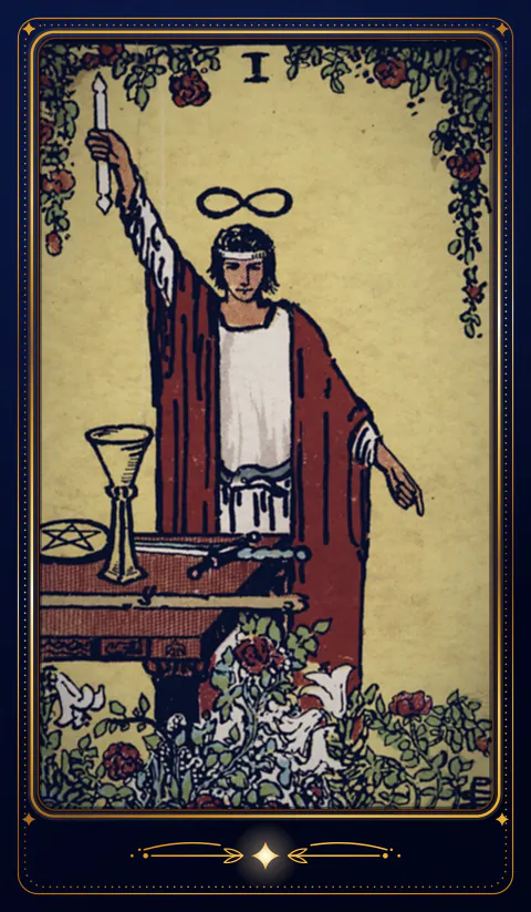 The card The Magician, arcanum I: a drawing from the 1909 deck in a velvet frame