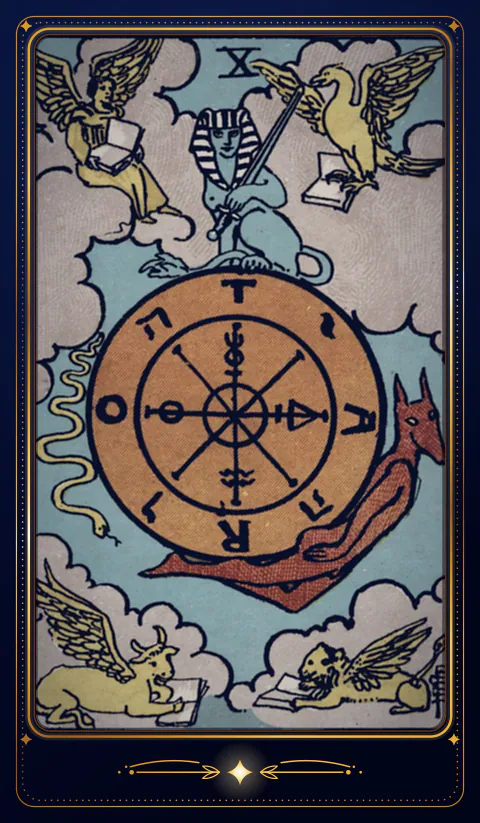 The card Wheel of Fortune, arcanum X: a drawing from the 1909 deck in a velvet frame