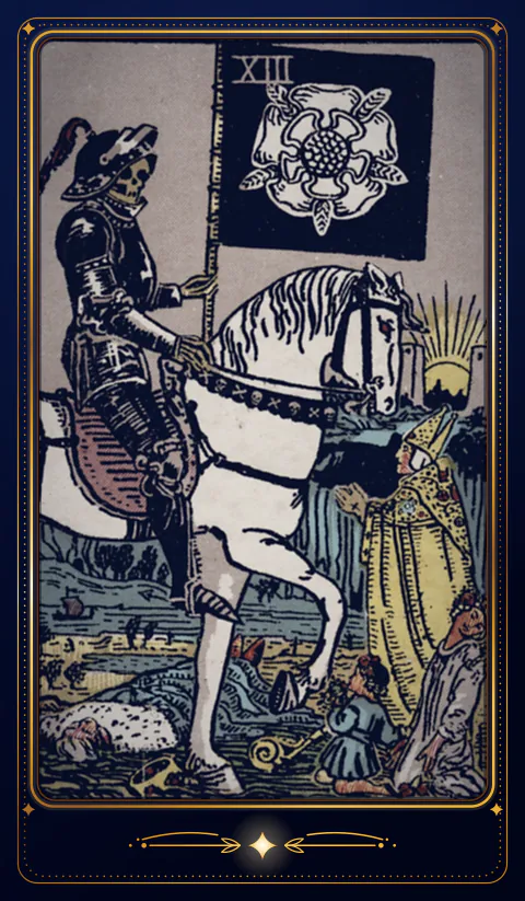 The card Death, arcanum XIII: a drawing from the 1909 deck in a velvet frame