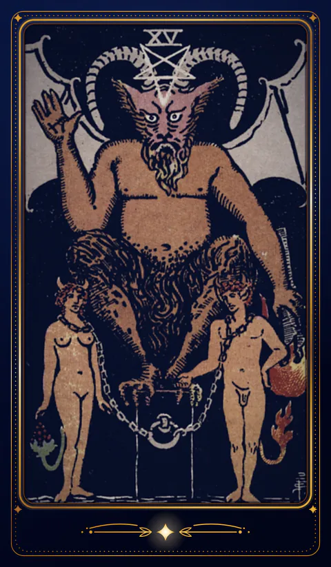 The card The Devil, arcanum XV: a drawing from the 1909 deck in a velvet frame