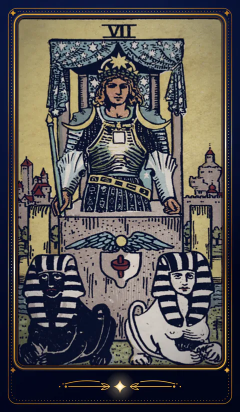 The card The Chariot, arcanum VII: a drawing from the 1909 deck in a velvet frame