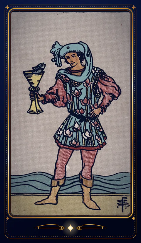 The card Page of Cups: a drawing from the 1909 deck in a velvet frame