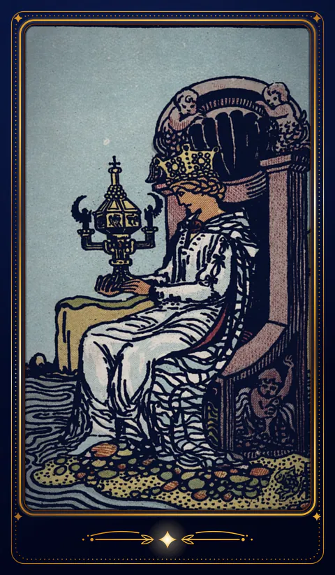 The card Queen of Cups: a drawing from the 1909 deck in a velvet frame