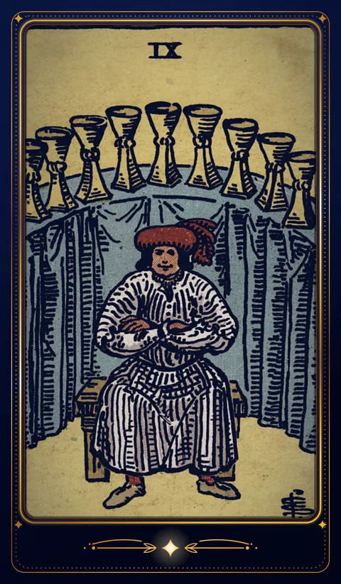 The card Nine of Cups: a drawing from the 1909 deck in a velvet frame