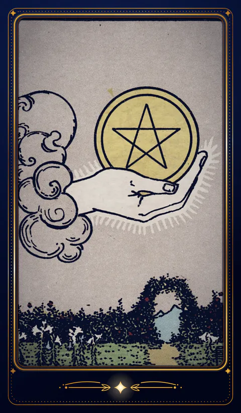 The card Ace of Pentacles: a drawing from the 1909 deck in a velvet frame