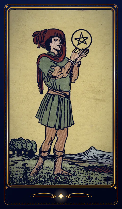 The card Page of Pentacles: a drawing from the 1909 deck in a velvet frame