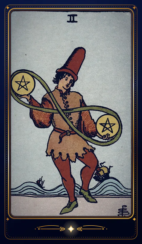 The card Two of Pentacles: a drawing from the 1909 deck in a velvet frame