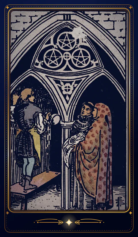 The card Three of Pentacles: a drawing from the 1909 deck in a velvet frame