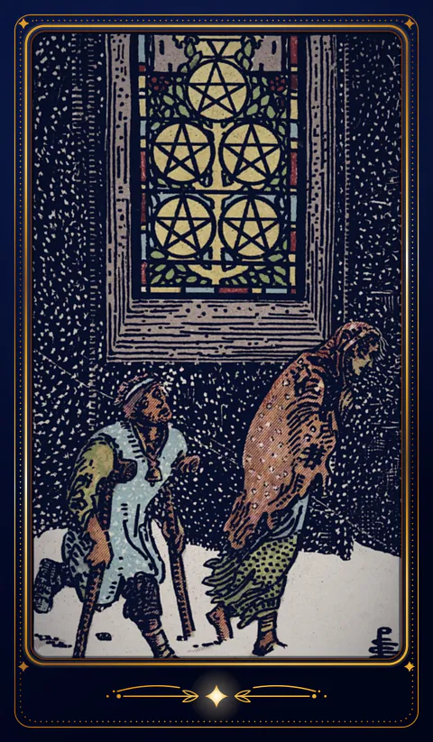 The card Five of Pentacles: a drawing from the 1909 deck in a velvet frame