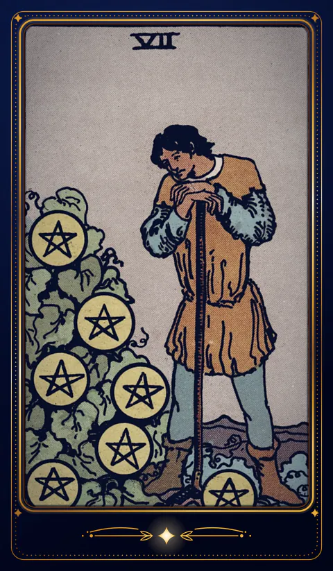The card Seven of Pentacles: a drawing from the 1909 deck in a velvet frame