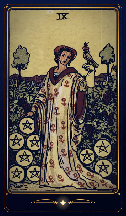 The card Nine of Pentacles: a drawing from the 1909 deck in a velvet frame
