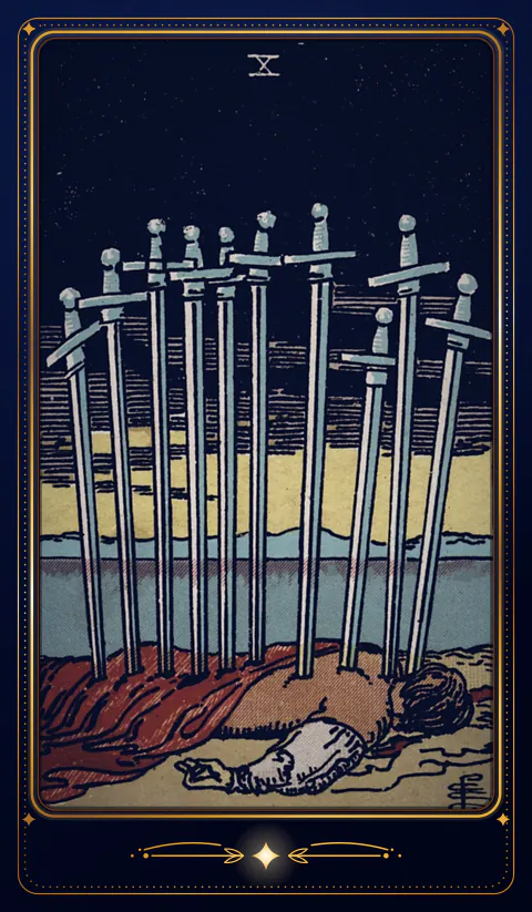 The card Ten of Swords: a drawing from the 1909 deck in a velvet frame