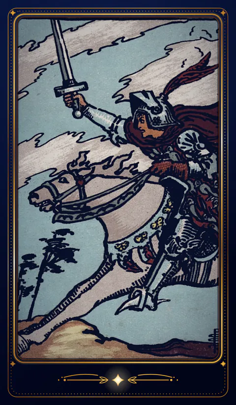 The card Knight of Swords: a drawing from the 1909 deck in a velvet frame