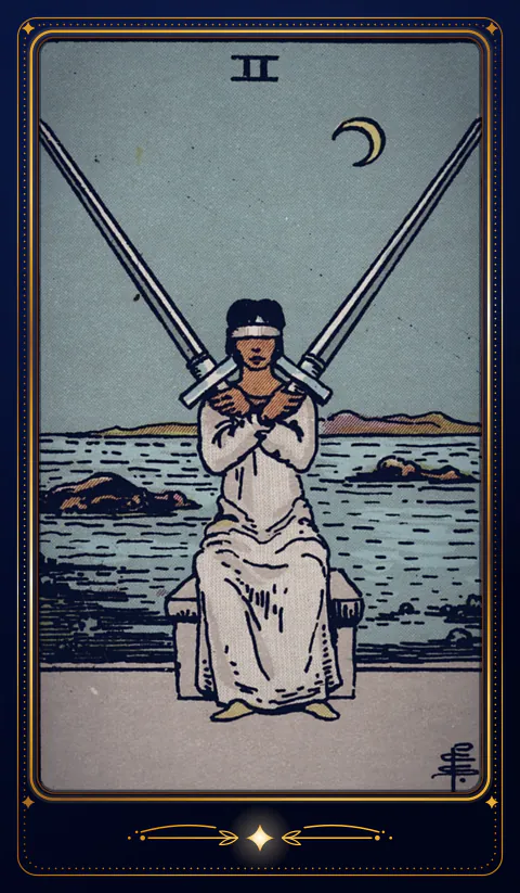 The card Two of Swords: a drawing from the 1909 deck in a velvet frame