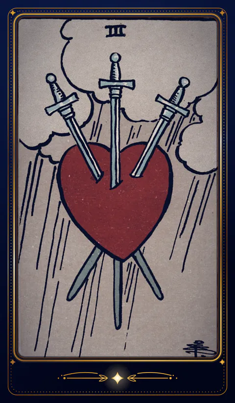 The card Three of Swords: a drawing from the 1909 deck in a velvet frame