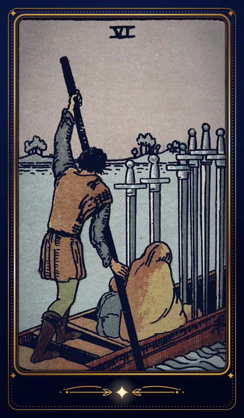 Карта «Шестёрка Мечей»: рисунок колоды 1909 года в бархатной рамке