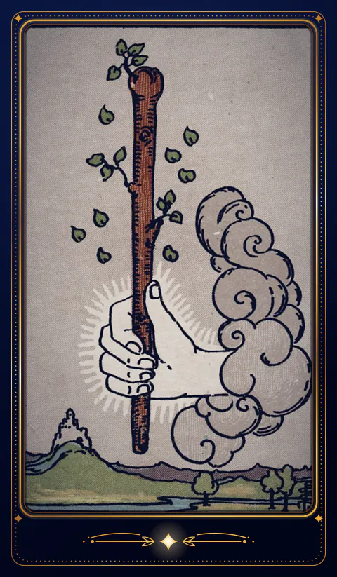 The card Ace of Wands: a drawing from the 1909 deck in a velvet frame