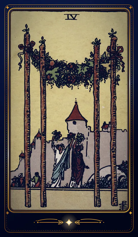The card Four of Wands: a drawing from the 1909 deck in a velvet frame
