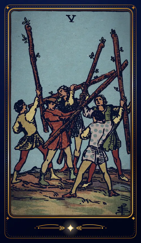 The card Five of Wands: a drawing from the 1909 deck in a velvet frame