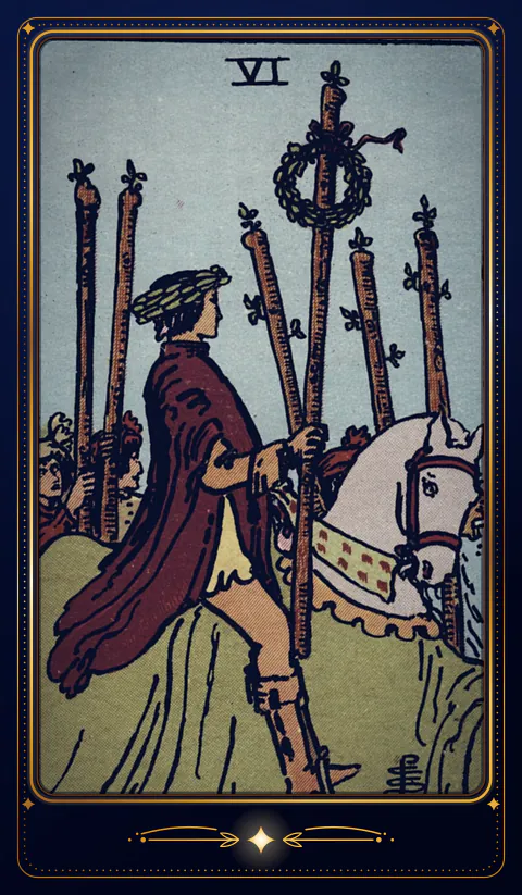 The card Six of Wands: a drawing from the 1909 deck in a velvet frame