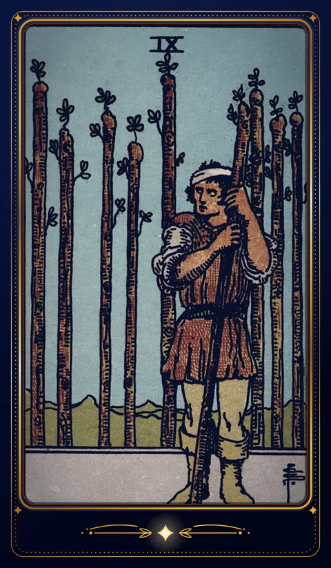 Карта «Девятка Жезлов»: рисунок колоды 1909 года в бархатной рамке